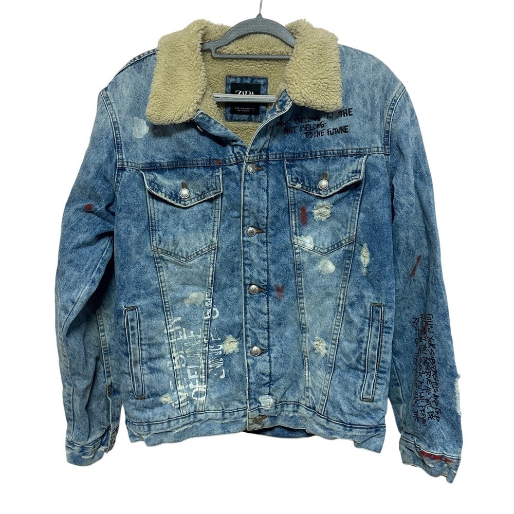 ZARA Men's XL Denim Jacket Sherpa Lined‎ Graphic Graffiti Print Distressed Urban